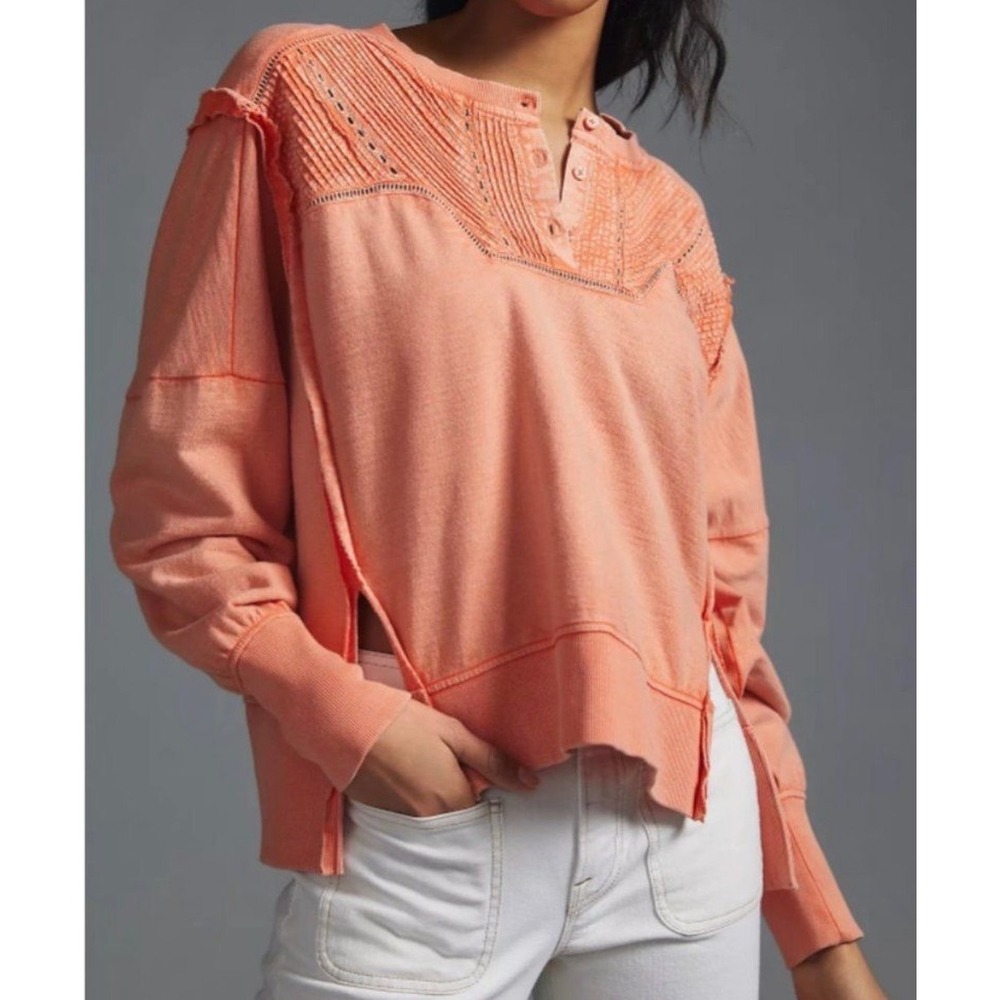 Pilcro Anthropologie Peach Pintuck Yoke Henley Sweatshirt Womens Medium Cotton